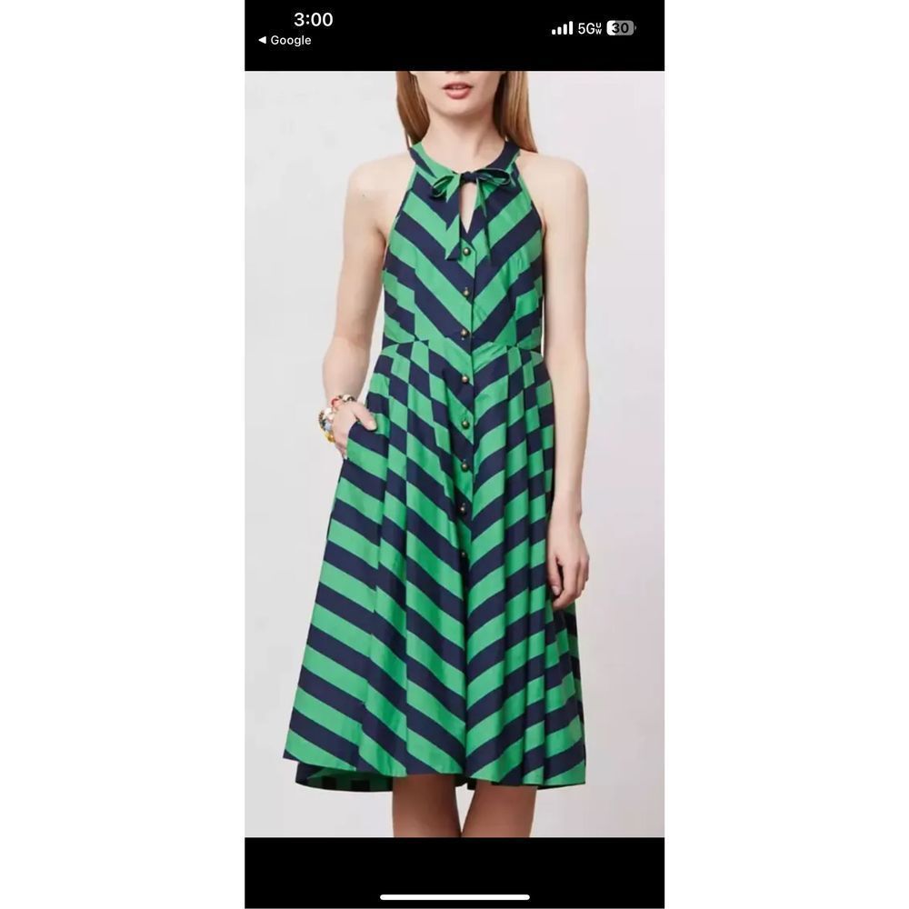 Anthropologie Green and Blue Striped Midi Dress